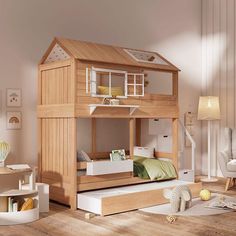 a child's bedroom with a wooden bunk bed and white furniture in the room