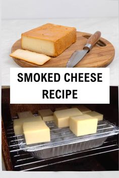 some cheese is sitting on top of a wooden board and in front of an oven