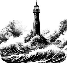 an ink drawing of a lighthouse surrounded by waves