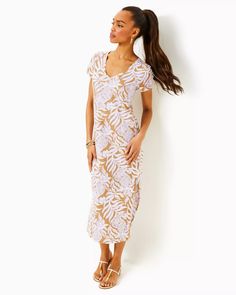 Etta Maxi Dress | Lilly Pulitzer Relaxed Fit V-neck Maxi Dress For Vacation, Casual Short Sleeve Maxi Dress With Side Slits, White V-neck Maxi Dress For Loungewear, Relaxed Fit V-neck Maxi Dress For Summer, Casual Midi Dress With Side Slits For Beach, V-neck Loungewear Dress With Side Slits, Casual Cotton Maxi Dress With Side Slits, Casual Midi Dress With Side Slits For Vacation, Summer Longline Maxi Dress Loungewear