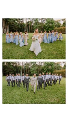 the bride and grooms are posing for pictures in front of their wedding party outside