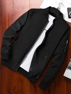 Black Casual Collar Long Sleeve Fabric Plain Bomber Embellished Non-Stretch  Men Clothing Mens Smart Casual Outfits, Minimalist Fashion Men, Hype Clothing, Casual Outwear, Men Fashion Casual Shirts, Stylish Hoodies, Trendy Jackets, Mens Casual Dress Outfits, Men Stylish Dress