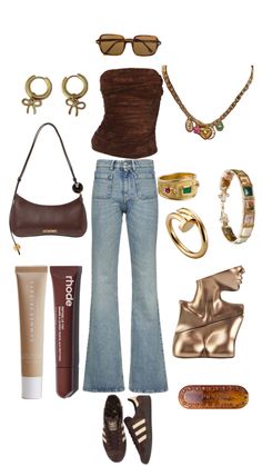 a woman's outfit and accessories including shoes, bracelets, sunglasses, purse