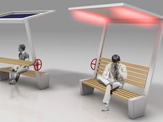 a man sitting on a bench in front of a solar powered shelter with red lights