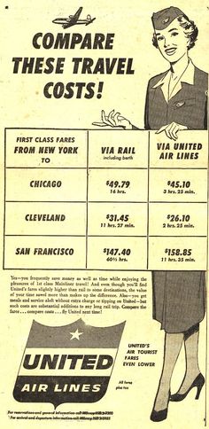 an advertisement for united air lines from the 1950's, showing how to compare airline tickets