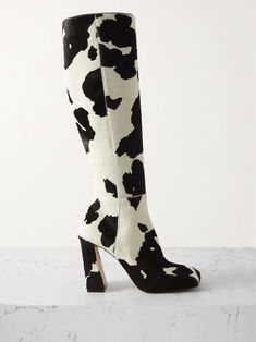 AMINA MUADDI Marine cow-print pony hair knee boots | NET-A-PORTER Amina Muaddi Shoes, Heel Knee High Boots, Cowboy Shoes, Black And White Heels, Boot Print, Amina Muaddi, Shoe Inspo, White Square, Pony Hair