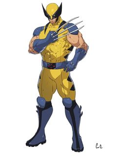 the wolverine is standing with his hands on his hips and arms behind him, looking like he's ready to strike