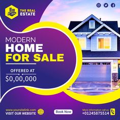 a purple and yellow flyer for a home sale with an image of a house in the background