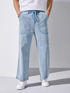 Lavagem Clara  Collar  Jeans Simples Perna reta Embellished Não elástico  Denim Masculino Soft Jeans, Pocket Jeans, Mens Denim, Wide Leg Jeans, Denim Pants, Drawstring Waist, Jeans Pants, Leg Jeans, Mens Pants