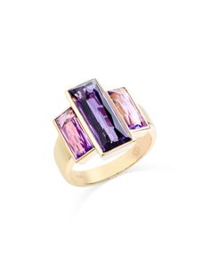 Bloomingdale's Fine Collection Amethyst & Pink Amethyst Three Stone Ring in 14K Yellow Gold Tourmaline Rings, Three Stone Ring, Yellow Gold Jewelry, Pink Amethyst, Tourmaline Ring, Three Stone Rings, Three Stone, Stone Ring, Purple Gold