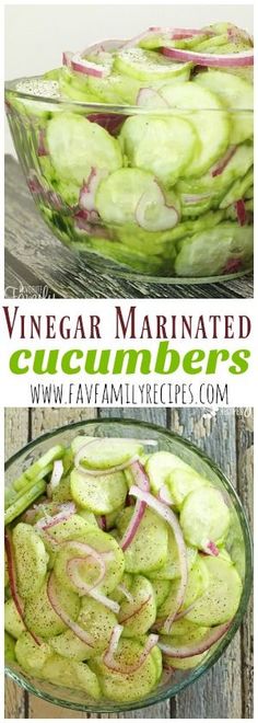 two pictures of sliced cucumbers in a glass bowl with the words, vinegar marinated cucumbers