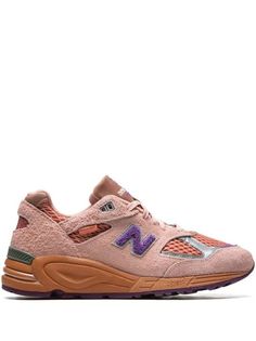 New Balance x Salehe Bembury 990v2 "Sand Be The Time" Sneakers - Farfetch Salehe Bembury, Designer Sneakers, Pink Leather, Logo Embroidered, Patch Logo, New Balance, Rubber Sole, Light Pink, Fashion Branding