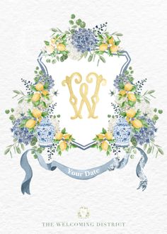 a watercolor painting of the initials and flowers on a white background with blue ribbon