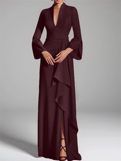 Sheath/Column V-Neck Floor-Length Mother of the Bride Dresses - Mondressy Long Sleeve V-neck Evening Dress, Formal V-neck Maxi Dress For Fall, Formal V-neck Stretch Maxi Dress, Elegant Maxi Length V-neck Dress For Fall, Elegant Long Sleeve V-neck Stretch Dress, Elegant V-neck Maxi Dress For Fall, Elegant V-neck Stretch Dress With Long Sleeves, Elegant Stretch Maxi Dress With Surplice Neckline, Elegant Fall Maxi V-neck Dress