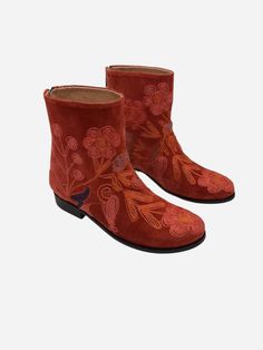 Ankle Boots, Red Vintage Style Boots, Suzani Boots, Round Toe, Low Heel, Made To Order, Fashion Boots, For Her #RoundToe #AnkleBoots #LowHeel #ForHer #VintageBoots #RedShoes #SuzaniBoots #FestivalBoots #AnkleBooties #CustomBoots Traditional Embroidered Boots For Spring, Traditional Suede Boots With Round Toe, Bohemian Red Leather Boots, Red Embroidered Boots With Round Toe, Embroidered Red Boots With Round Toe, Traditional Embroidered Boots For Fall, Traditional Embroidered Fall Boots, Embroidered Leather Closed Toe Boots, Traditional Boots With Floral Embroidery And Round Toe