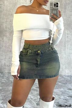 Olivia Mark - Stylish High Waist Skinny Denim Skirt with Solid Patchwork Design (Actual Product Appearance may Vary) Chiffon Skirts, Loafers Outfit, Classy Winter Outfits, Clubbing Outfits, Cute Everyday Outfits, Cute Simple Outfits, Skirt Design, Denim Mini, Denim Mini Skirt