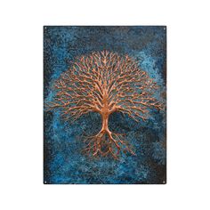 a painting of a tree with its roots exposed in blue and brown paint on a white background