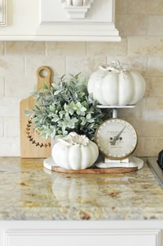 some white pumpkins are sitting on top of a kitchen counter with greenery and an old clock