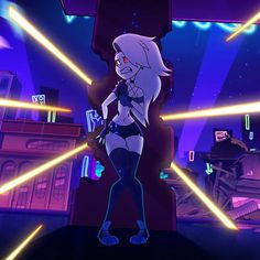 an animated character standing in front of neon lights