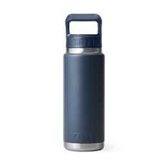 the yeti stainless steel water bottle is blue and has an insulated lid that matches it