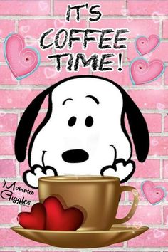 a cartoon dog sitting in a coffee cup with hearts around it