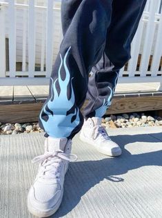 Black sweatpants with light blue flames View shop for other color options (blue, red, pink, black, and white) For any customizations, colors or sizing please feel free to message Colorful Sweatpants, Sweatpants Aesthetic, Cool Sweatpants, Cricut Clothes, Trendy Sweatpants, Custom Sweatpants, Super Crop Top, Sweatpants Blue, Reworked Clothes