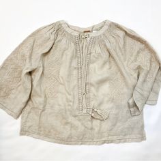 New With Tags Women’s Magaschoni Blouse 100% Belgium Linen Beautifully Detailed Beige Peasant Style Beige Linen Top, Long Sleeve Neutral Tops For Vacation, Neutral Long Sleeve Tops For Vacation, Peasant Linen Tops For Daywear, Bohemian Neutral Tops For Vacation, Neutral Bohemian Tops For Vacation, Mustard Yellow Top, White Collared Shirt, Elastic Waist Dress