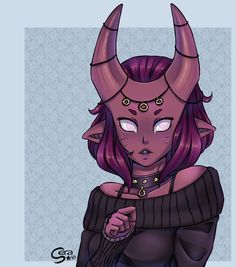 a drawing of a woman with horns on her head and purple hair wearing a sweater