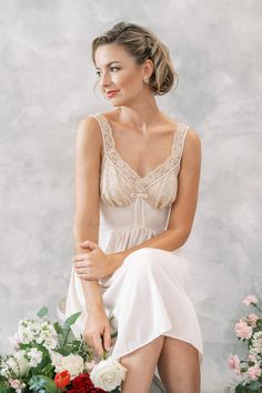 "Vintage 70s Cream Sheer Lace Nightgown Boudoir Lingerie Slip Dress Wedding M Cream with beige lace Nylon Beautiful Midi length -Measurements- Estimated Size: Medium Bust: 34 - 36\" Waist: 29\" Hips: free Length: 42\" Model is 5'9 and measures 32/25/34" Cream Wedding Night Gown With Lace Trim, Vintage Slip Dress Outfit, Fitted Cream Lace Nightgown, Vintage Cream Lace Slip Dress, Beige Shirt Dress, Vintage Cream Slip Dress With Lace Trim, 1970s Wedding Dress, Classic Lingerie, Slip Dress Outfit