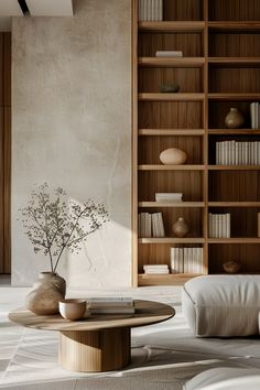 a living room filled with furniture and bookshelves