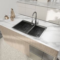 a kitchen sink sitting under a faucet next to a counter top with an oven