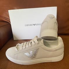 Emporio Armani Women Off White Suede Ace Sneakers X3x104 Size Eu 37/ Us 6m X3x104 Ho010 Color: Off White Condition Is "New With Box". Lace-up Sneakers With Textured Sole, Elegant Low-top Sneakers With Textured Sole, White Sneakers With Textured Sole, Elegant White Sneakers With Textured Sole, Elegant Low-top Sneakers With Perforated Toe Box, Elegant Lace-up Sneakers With Textured Sole, Elegant Lace-up Sneakers With White Sole, Elegant Lace-up Sneakers With Perforations, Elegant Cream Low-top Sneakers