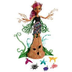 an image of a doll on top of a tree stump with bugs around her and other toys