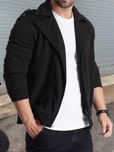 Black Casual Collar Long Sleeve Knitted Fabric Plain Biker Embellished Slight Stretch  Men Clothing Long Sleeve Jacket, Coat Black, Sleeve Jacket, Long Sleeves Jacket, Men Clothing, Black Casual, Jacket Coat, Long Sleeve Knit, Black Coat