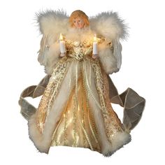 an angel with two candles in its hands, sitting on a white surface and wearing a gold dress