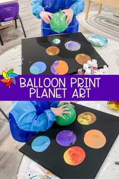 Painting with balloons is such a neat experience! Students have fun creating "planets" with their balloons! This balloon print art is a versatile, simple, and engaging art project that students love.  Learn more about balloon painting HERE!  #Preschool #Prek #Homeschool #Prekindergarten #Kindergarten #ArtProject Space Art Preschool Activities, Space Craft For Kindergarten, Planets Activity For Preschool, Planet Activities For Toddlers, Planets Art Preschool, Space Projects For Toddlers, Space Art Projects For Preschool, Space Preschool Art, Space Themed Toddler Activities