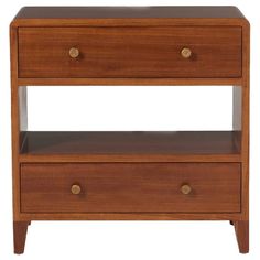 a wooden nightstand with two drawers on one side and an open drawer on the other