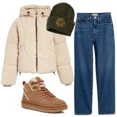 How to Wear Uggs in 2023: Winter Outfit with Ugg Highland Hi Heritage Sneaker Boots and a puffer jacket; ugg sneakers outfit, brown sneakers outfit Cute Outfits With Uggs, Ultra Mini Uggs Outfit, Ugg Highland, Mini Uggs Outfit, Style Uggs, Uggs Outfit Ideas, How To Style Uggs, Ultra Mini Uggs, Lazy Fashion