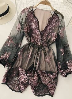 A line v neck sequins long sleeve dressFabric: tulle, sequinsSize(cm): free sizelength 85 bust 98 waist 60-88 Korean Blouse, Long Sleeve Sequin Dress, Preppy Dresses, Long Sleeve Jumpsuit, Lace Fashion, Fancy Outfits, Outfit Goals, Wide Leg Jumpsuit, Dress Backs