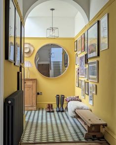 Yellow Hallway Ideas, Hallway Transformation, Hallway Wall Colors, Yellow Hallway, Hallway Paint Colors, Bright Hallway, Hallway Paint, Victorian Hallway