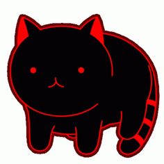 a black cat with red eyes and tail is standing in the middle of a white background