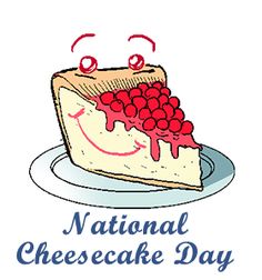 the national cheesecake day logo with a piece of cake on a plate and smiling face