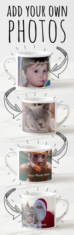 coffee mugs with the words add your own photos on them in black and white