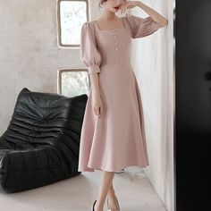 Light Pink Vintage Puff Sleeve Princess Skirt Formal Midi Dress Elegant A-line Puff Sleeve Dress In Solid Color, Elegant Pink Puff Sleeve Dress, Pink Elegant Fit And Flare Midi Dress, Knee-length Puff Sleeve Dress In Solid Color, Pleated Square Neck Dress In Solid Color, Feminine Pleated Square Neck Dress, Elegant Dress With Solid Color And Full Skirt, Feminine Fit And Flare Dress With Square Neck, Elegant Dress With Full Skirt