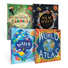 four children's books in different colors and sizes, each with an animal theme