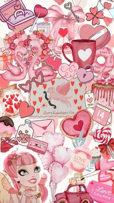 a bunch of pink and red items on a white background with hearts, flowers, cupcakes, etc