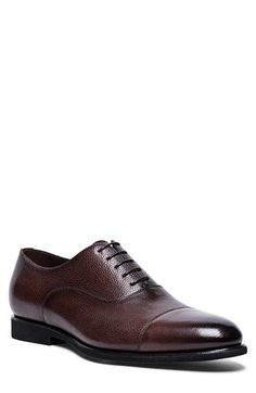 Impeccably constructed with clean lines and minimalist detailing, this handsome cap-toe oxford features smartly finished blake stitching at the sole. Lace-up style Leather upper, lining and sole Made in Italy Men's Shoes Business Oxfords With Removable Insole And Almond Toe, Formal Fitted Oxfords With Removable Insole, Elegant Brown Derby Shoes For Formal Occasions, Luxury Almond Toe Lace-up Shoes For Business Casual, Elegant Brown Derby For Formal Occasions, Business Oxfords With Removable Insole In Calf Leather, Elegant Derby Shoes With Branded Insole And Almond Toe, Designer Wingtip Oxfords For Business, Luxury Business Dress Shoes With Removable Insole