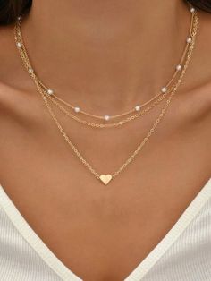 Style 1  Collar  Zinc Alloy   Embellished   Women Fashion Jewelry Simple Heart Necklace, Pretty Jewelry Necklaces, Pearl Necklace Set, Multi Layer Necklace, Wear Necklaces, Jewelry Lookbook, Watches Women Fashion, Faux Pearl Necklace, Pearl Pendant Necklace