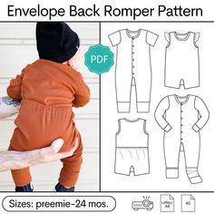 The Snuggle Bug Romper Pattern is the perfect outfit to keep your little ones comfy! Wear it as an outfit or pajamas. The envelope back closure makes dressing and diaper changes a breeze!  The Snuggle Bug Romper includes the following options: Back: Solid* or Envelope Closure Front: Solid or Placket Sleeves: Tank, Short Sleeves or Long Sleeves (standard or convertible cuffs) Optional Flutters Shorts or Pants (standard or convertible cuffs) *Note: If you would like to use the solid back, you must Nursing Top Pattern, Old Sewing Patterns, Baby Ruffle Romper, Romper Sewing Pattern, Combi Short, Baby Sweater Knitting Pattern, Blazer For Boys, Knitted Baby Cardigan, Sewing Instructions