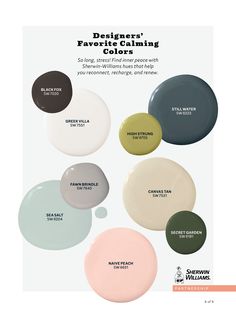 an advertisement with different shades of paint for furniture and home decor, including the words designer's favorite calming